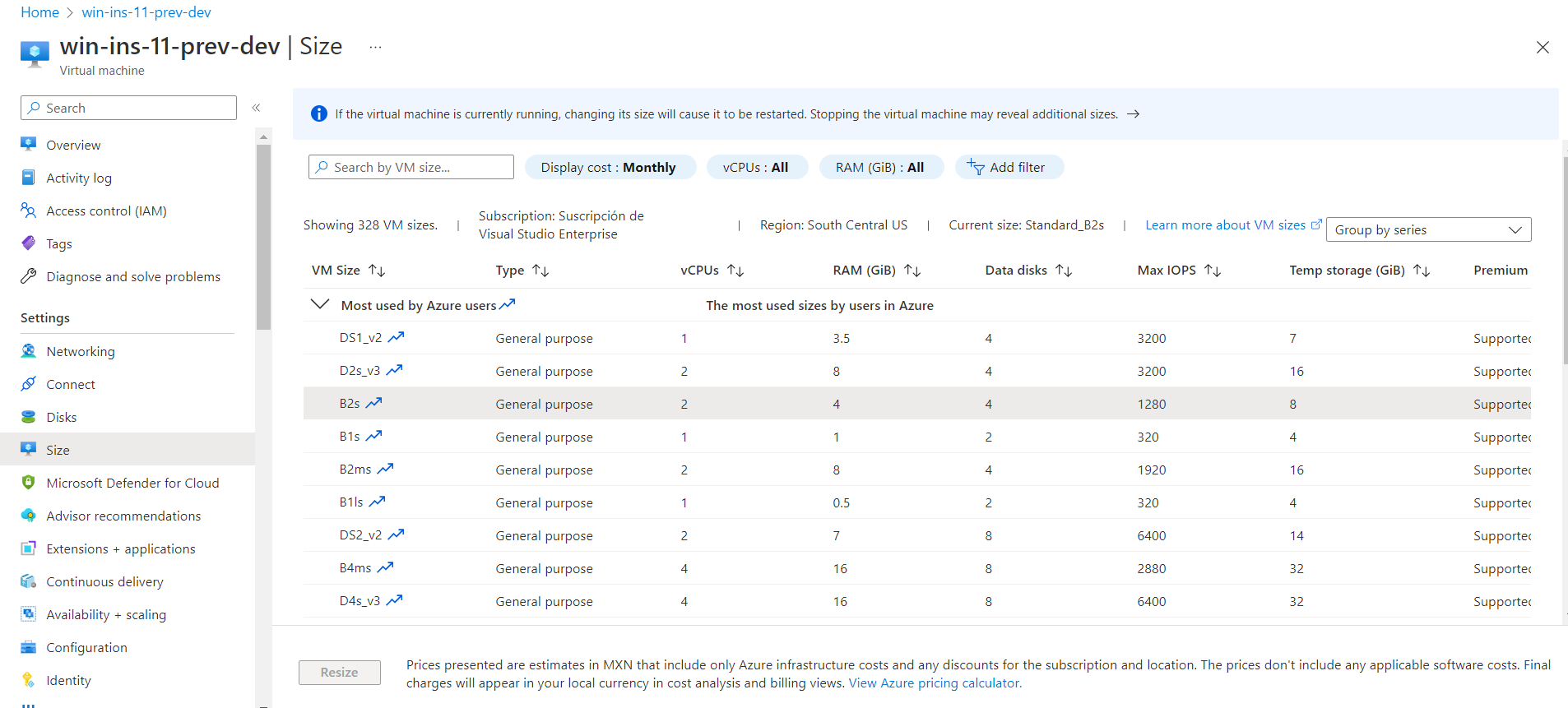 Select the right size for the Azure VM (at leat B2s)